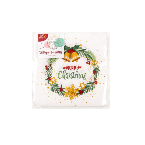 20 Pack Christmas Printed Paper Serviettes - 25cm x 25cm