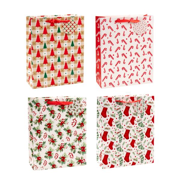 Assorted Christmas Flocked 210gsm With Hook Gift Bag - XX Large