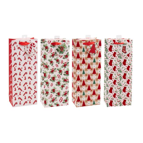 Assorted Christmas Flocked 210gsm With Hook Bottle Gift Bag