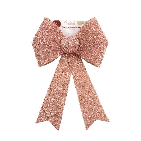 Christmas Warm White 8 Led Lights Rose Gold Bow