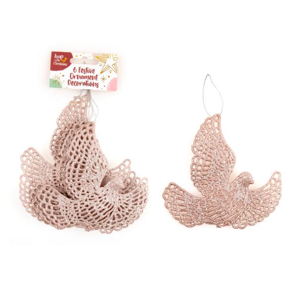 6 Pack Christmas Rose Gold Dove Ornaments Decoration