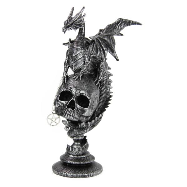 Antique Silver Dragon On Skull Globe - 25cm