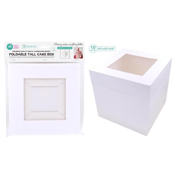 White Tall Cardboard Foldable Cake Box With Window - 25cm x 25cm x 25cm