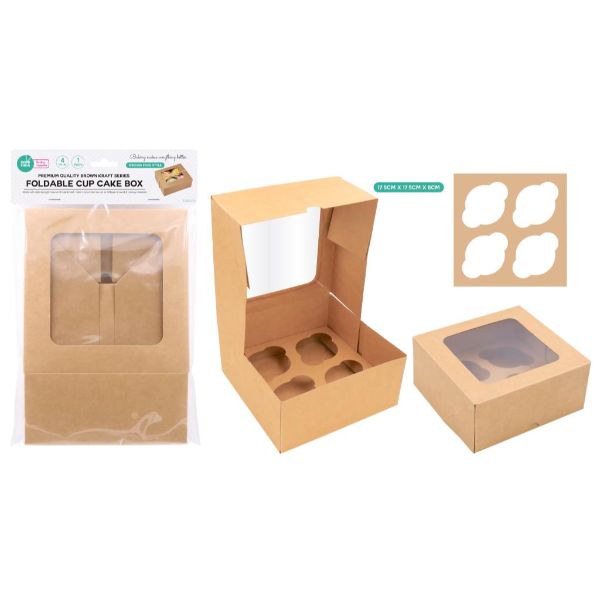 Brown Kraft 4 Cup Cake Section Box With Clear Window Lid - 17.5cm x 17.5cm x 8cm