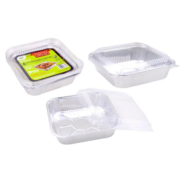 4 Pack Foil Trays With Clear Lids - 20.4cm x 20.4cm x 4.5cm