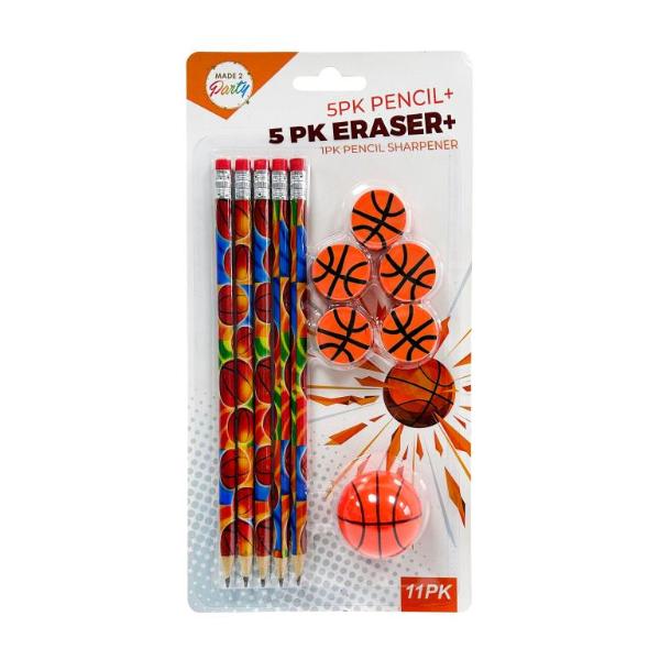 5 Pack Basket Ball Themed Pencil & Eraser Set