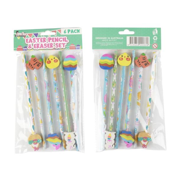6 Pack Easter Pencil & Eraser Set