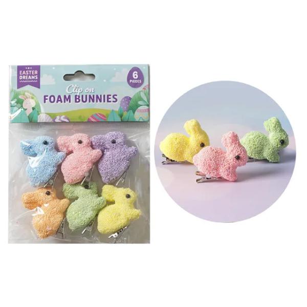 6 Pack Easter Foam Bunnies With Clips - 4cm x 4.5cm