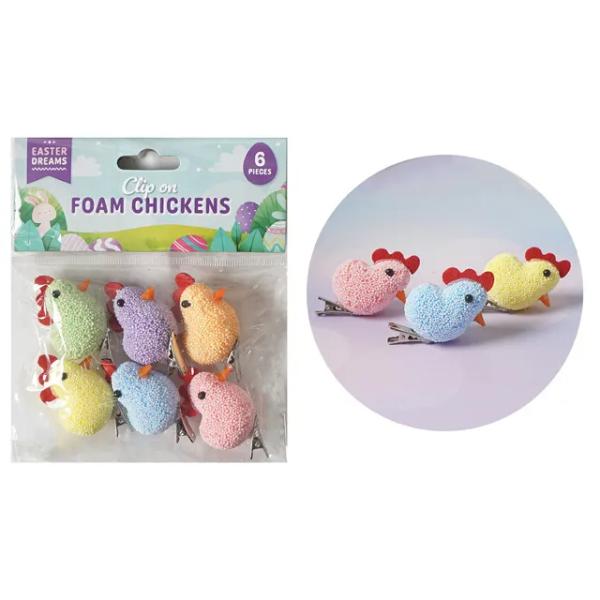 6 Pack Easter Foam Chickens With Clips - 4.6cm x 3cm