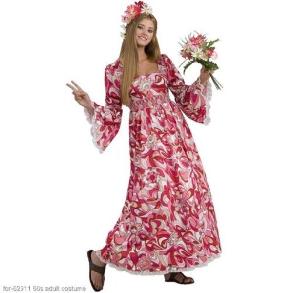 Pink & Red 60s Floral Long Sleeves Dress Costume
