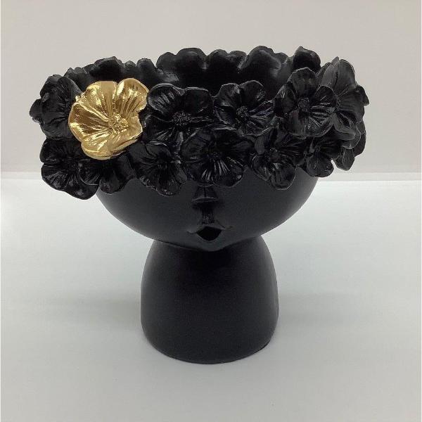 Small Black Resin Nero Pot With Gold Filigree - 18.7cm x 19.7cm