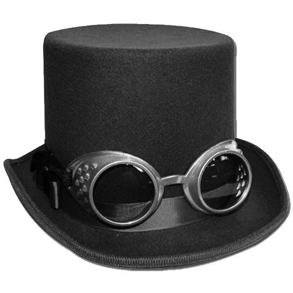 Deluxe Black Steampunk Top Hat With Goggles