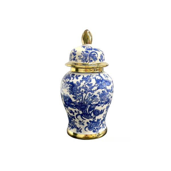 White & Blue Vase With Gold Trim - 15cm x 30cm