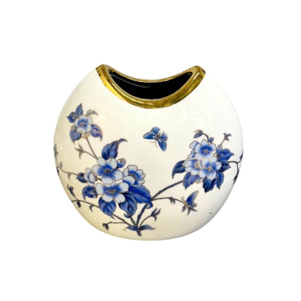 White & Blue Vase With Gold Trim - 20cm x 8cm x 20cm