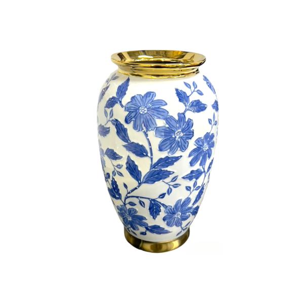 White & Blue Vase With Gold Trim - 19cm x 30cm