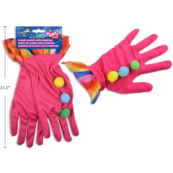 Clown Gloves With Pom Poms - 27.3cm x 15cm