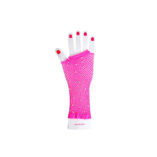 Hot Pink Long Diamantes Fishnet Glove