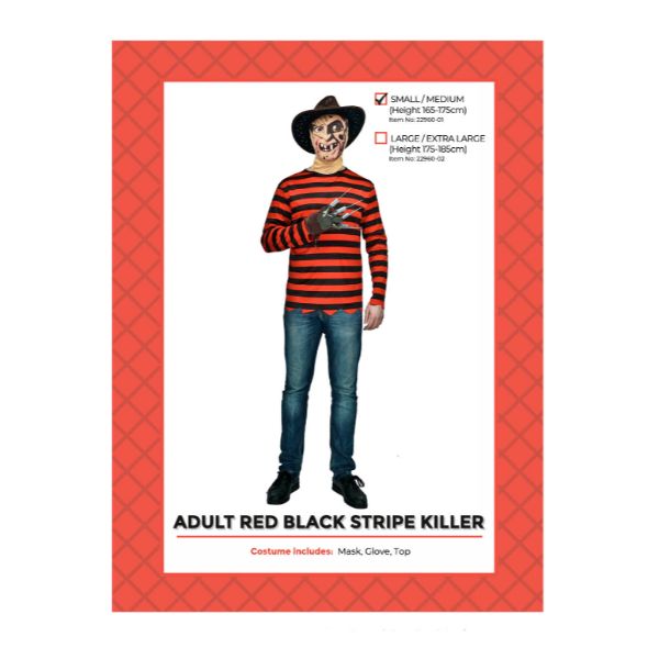 Adult Red Black Stripe Killer Man Costume - Small - Medium