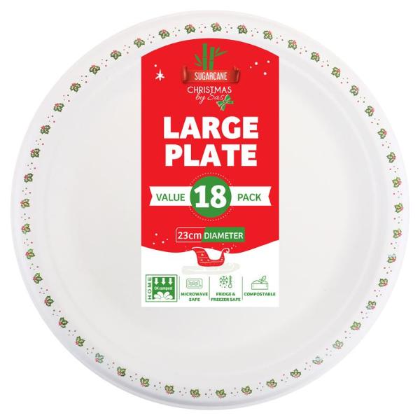 18 Pack Large Round Holly Print Christmas Sugarcane Bagasse Plates - 23cm