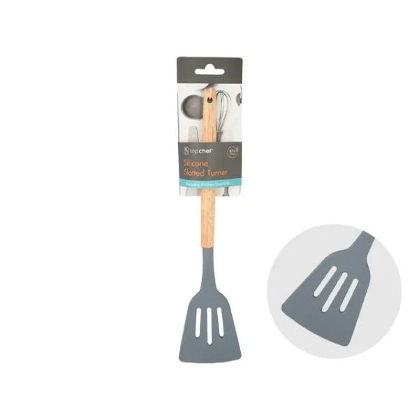Grey Slotted Turner With Wooden Handle - 31.6cm x 6.7cm