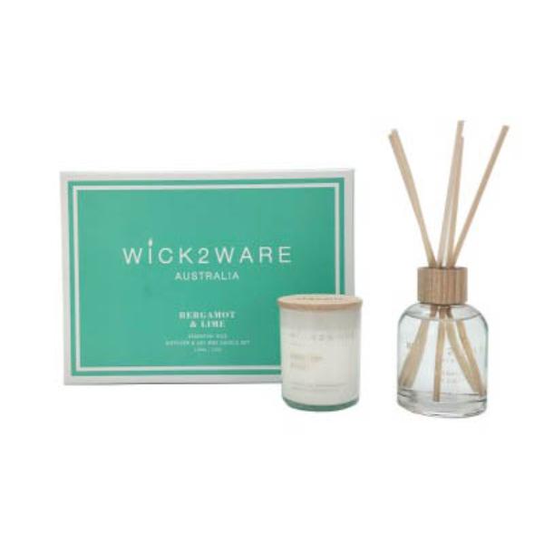2 Pack Wick2Ware Bergamot & Lime Diffuser & Soy Wax Candle