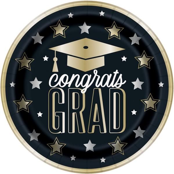 8 Pack Black & Gold Dazzling Graduation Paper Plates - 23cm