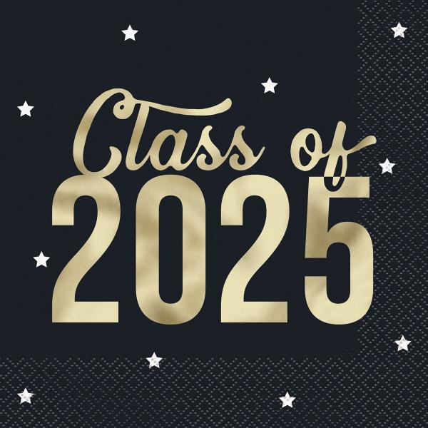 16 Pack Black & Gold Class Of 2025 2Ply Foil Stamped Luncheon Napkins - 33cm x 33cm