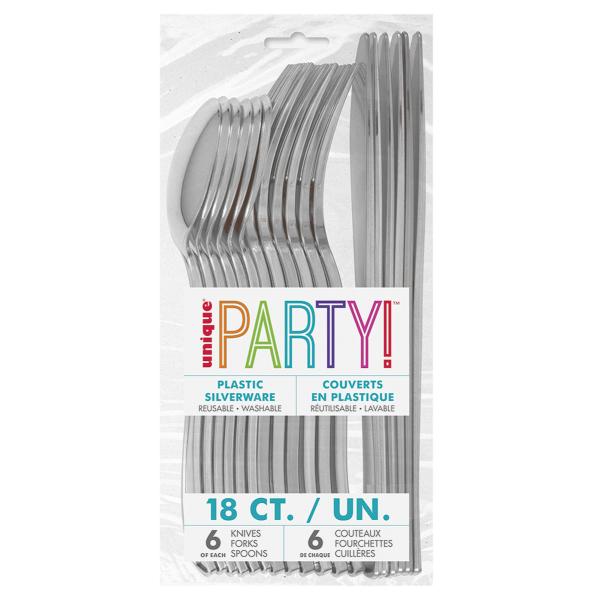 18 Pack Assorted Metallic Silver Cutlery