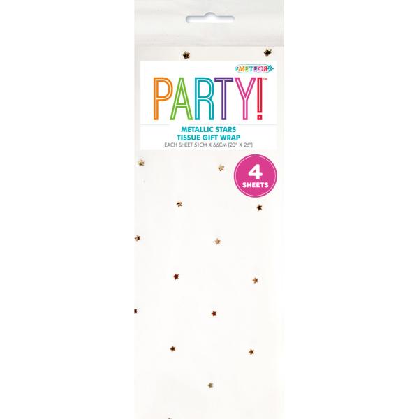 4 Pack White Tissue Sheets With Metallic Gold Stars - 51cm x 66cm