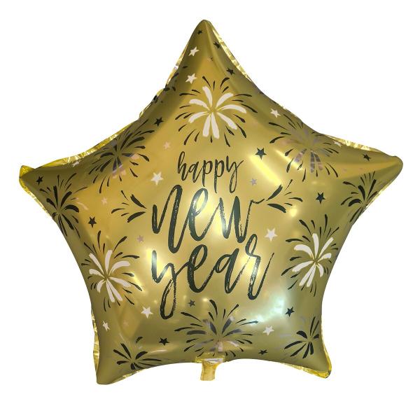 Bulk Gold Happy New Year Star Foil Balloon With Ribbon - 43cm