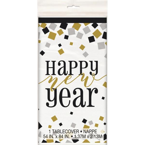 Black Gold & Silver Happy New Year Table Cover - 137cm x 213cm