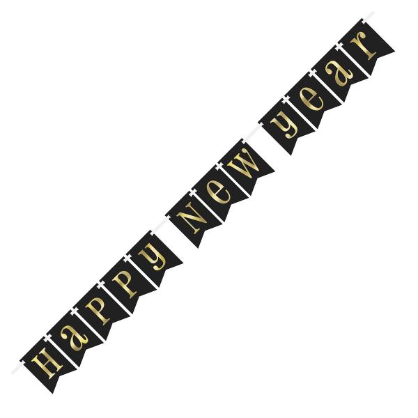 Black & Gold Happy New Year Foil Stamped Pennant Banner - 213cm