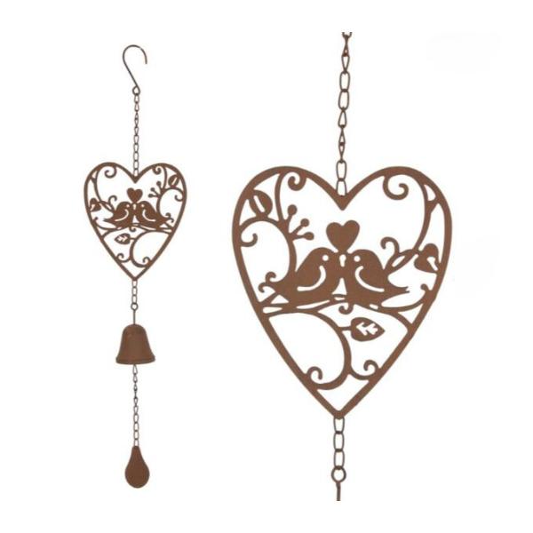 Metal Love Birds In Heart With Bell In Cast Iron Finish - 65cm