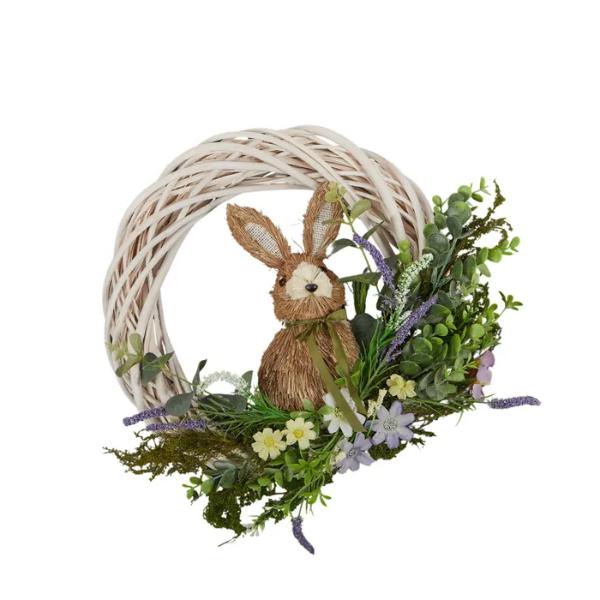White & Green Bunny Wreath Wicker - 37cm
