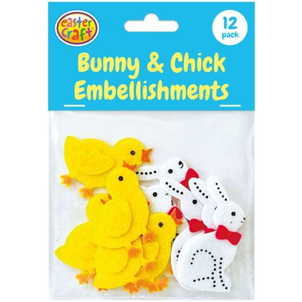 12 Pack Easter Bunny & Chick Embellishments