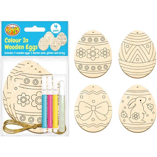 4 Pack Colour In Wooden Easter Eggs