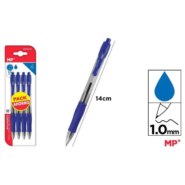 4 Pack Blue Ballpoint Pen - 1.0mm