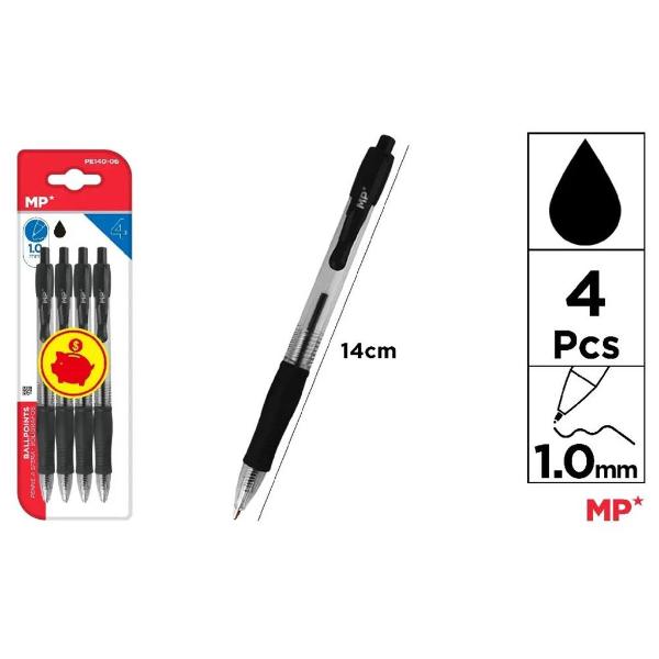 4 Pack Black Ballpoint Pen - 1.0mm