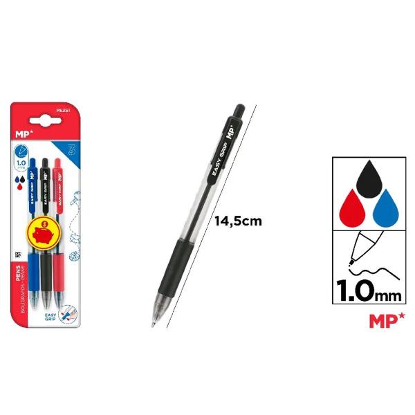 3 Pack Easy Grip Ballpoint Pen - 1.0mm