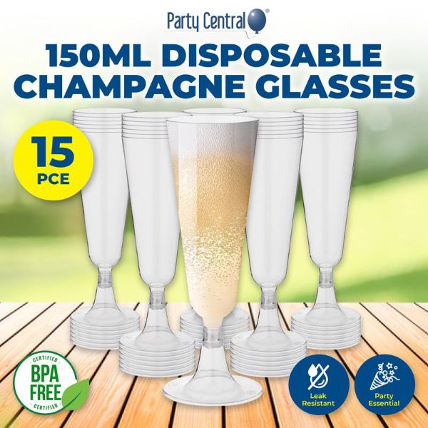 15 Pack Plastic Champagne Glass Drinkware- 150ml