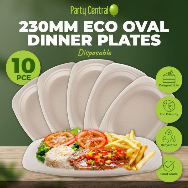 10 Pack Eco Friendly Oval Wheat Straw Dinner Plates - 23cm x 16cm