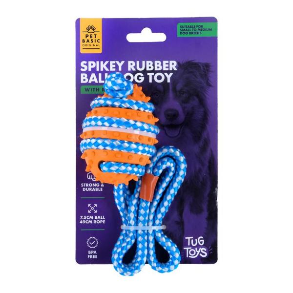 Spikey Rubber Ball Dog Toy With Rope - 7.5cm x 5.5cm x 49cm