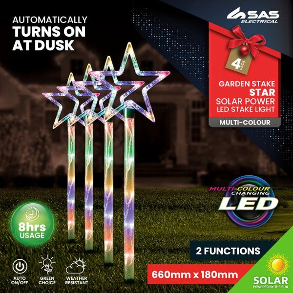 60 Multicolour Led Solar Light Star Stake - 19cm x 19cm x 60cm