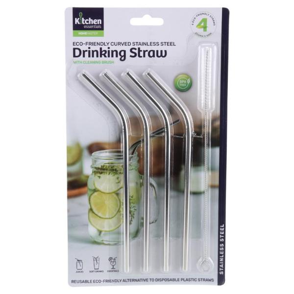 5 Pack Reusable Stainless Steel Curved Head Straws With Cleaning Brush - 20.5cm x 0.6cm