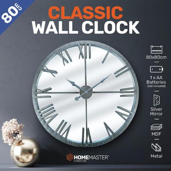 Classic Silver Round Wall Clock - 80cm