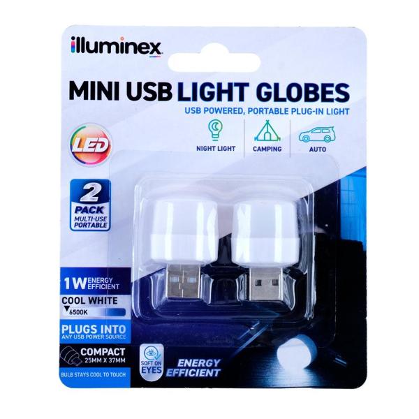 2 Pack Illuminex Mini Cool White Usb Type A Powered 1W 5V Led Lamp - 2.5cm x 3.7cm