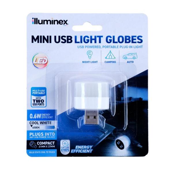 Illuminex Mini Cool White 2 Usb Ports Powered 0.6W 5V1A Light Globes - 2.5cm x 4.5cm