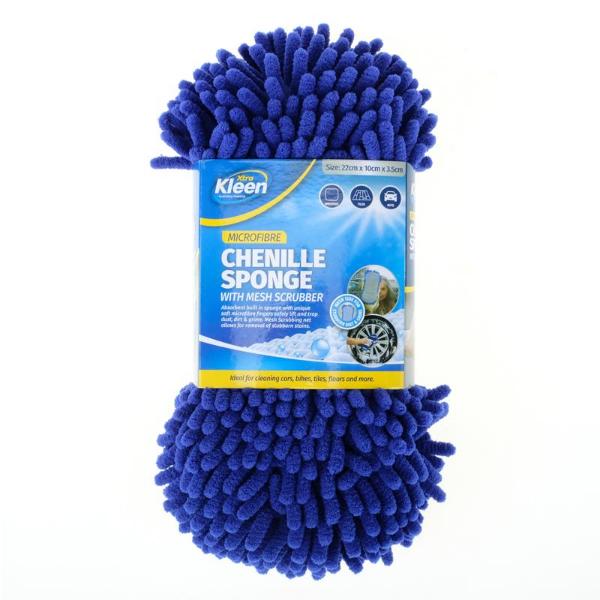 Blue Microfibre Chenille Shaggy Sponge With Mesh Scrubber - 22cm x 10cm x 3.5cm