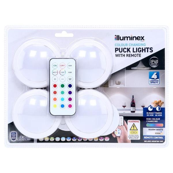 4 Pack Illuminex Battery Operated Puck Lights With Remote Control
