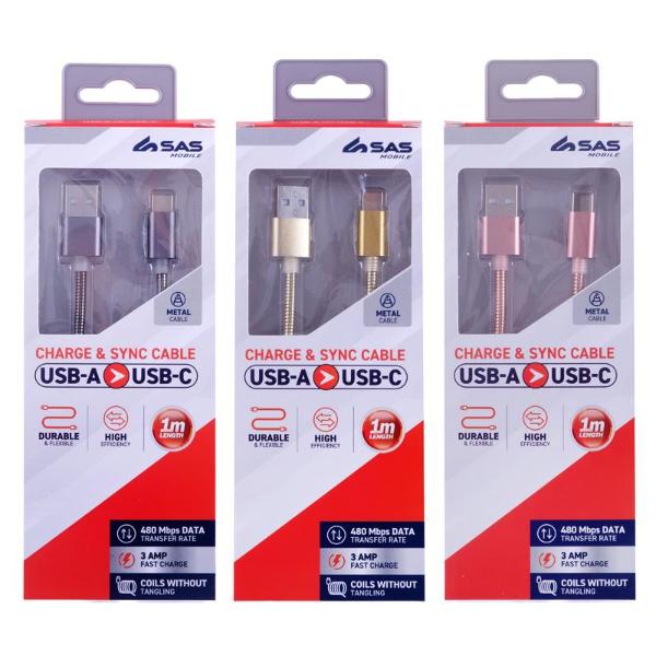 Assorted Charge & Sync USB A To Type C Metal Cable - 100cm
